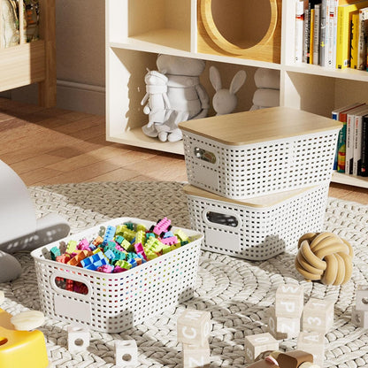 6Pcs Storage Bins with Lids, Stackable Plastic Storage Basket with Bamboo Lid, Pantry Organizer Box Small Containers for Organizing Shelves Drawer Desktop Closet Cabinet Office Classroom 10x7.1x4.1in