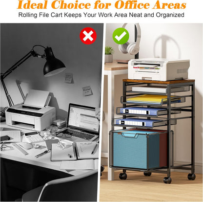 5-Tier Rolling File Cart Under Desk with Drawers, File Cabinet Organizer for Hanging File Folders, Letter-Size File Storage with Wheels, Multi-Layer Mobile Filing Cabinet for Under Desk Storage