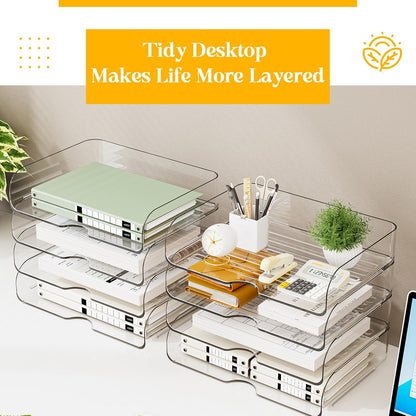 HIYOHIYO Office Acrylic Clear A4 Paper Organizer for Desk, Stackable Office Desk Paper Organizer, Large Capacity Desktop Papers Tray Holder, Organizer for A4 File Folder, 4 Tier Vertical Style