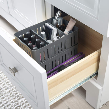 Simplify 4 Compartment Stackable Bin with Adjustable Dividers | Drawer Organizer | Storage Basket | Good for Office | Desk Supplies | Dorm |Bathroom | Accessories | Make Up | Grey