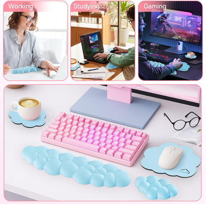 Sushret Cloud Wrist Rest for Computer Keyboard, 4-in-1 Memory Foam Leather Cloud Keyboard Wrist Rest and Mouse Pad Set with Ergonomic Support for Arm and Palm Cushion, Gaming/Work Setup, Rainbow