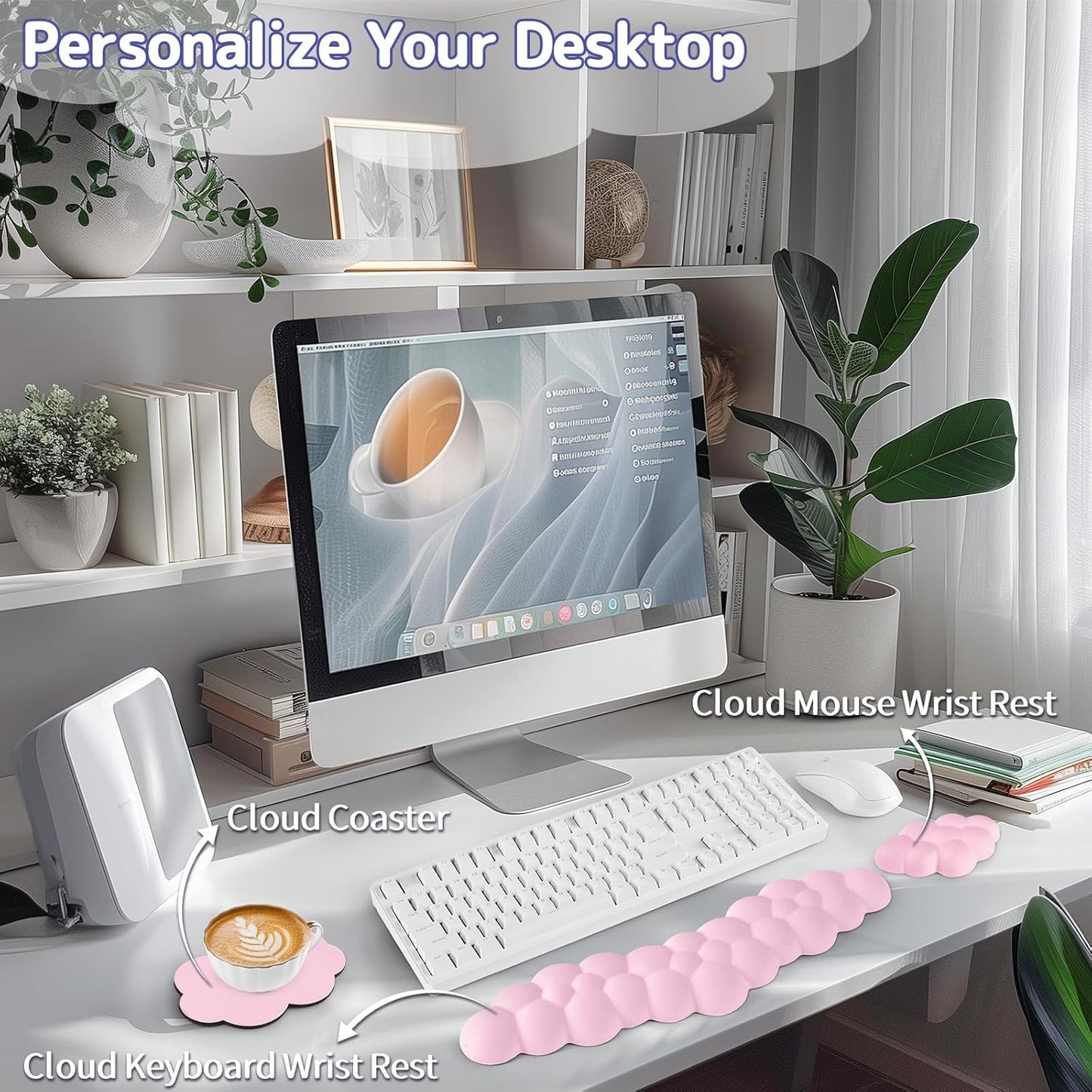 Sushret Cloud Wrist Rest for Keyboard and Mouse, Memory Foam PU Leather Keyboard Wrist Rest with Ergonomic Support, Non-Slip Base, Cute Arm Rest Pad & Palm Cushion, Office Desk Accessory, White