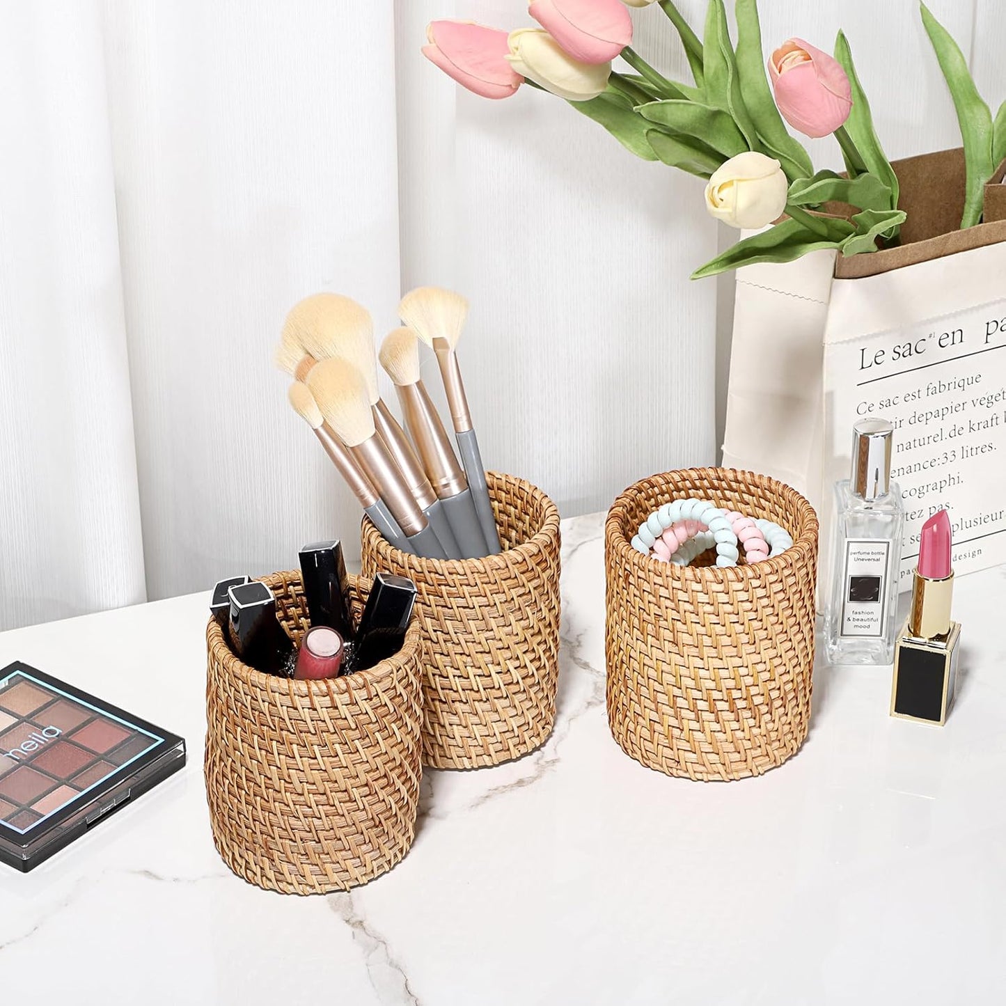BTSKY Rattan Pen Cup, Handmade Desk Pencil Holders Makeup Brush Holder Multi-Functional Woven Basket Office&Home Desktop Organizer(Cone)