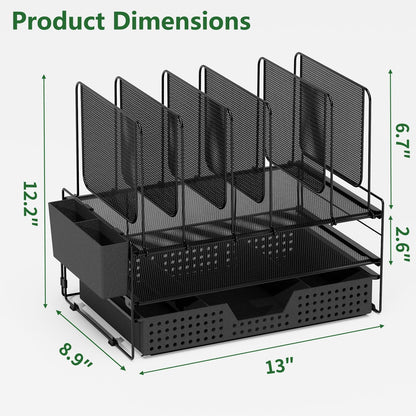 LEKETREE Desk Organizer, Office Organization with Vertical File Holder, File Organizer with Drawer and Pen Holder, Desk Accessories and Workspace Organizers for Home Office (Black)