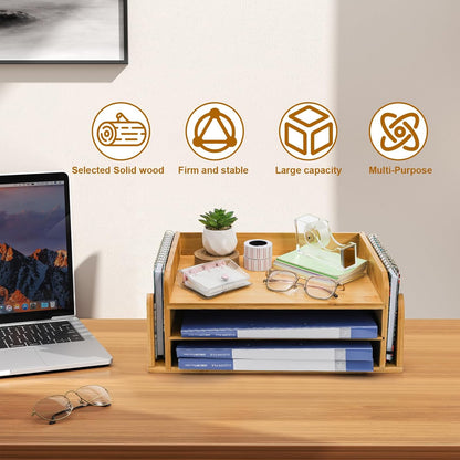 ZOOFOX 3-Tier Paper Letter Tray, Wood Letter File Folder Holder with 3 Trays and 2 Vertical Section, Cute Cat-Shaped Paper Tray for Home Office School
