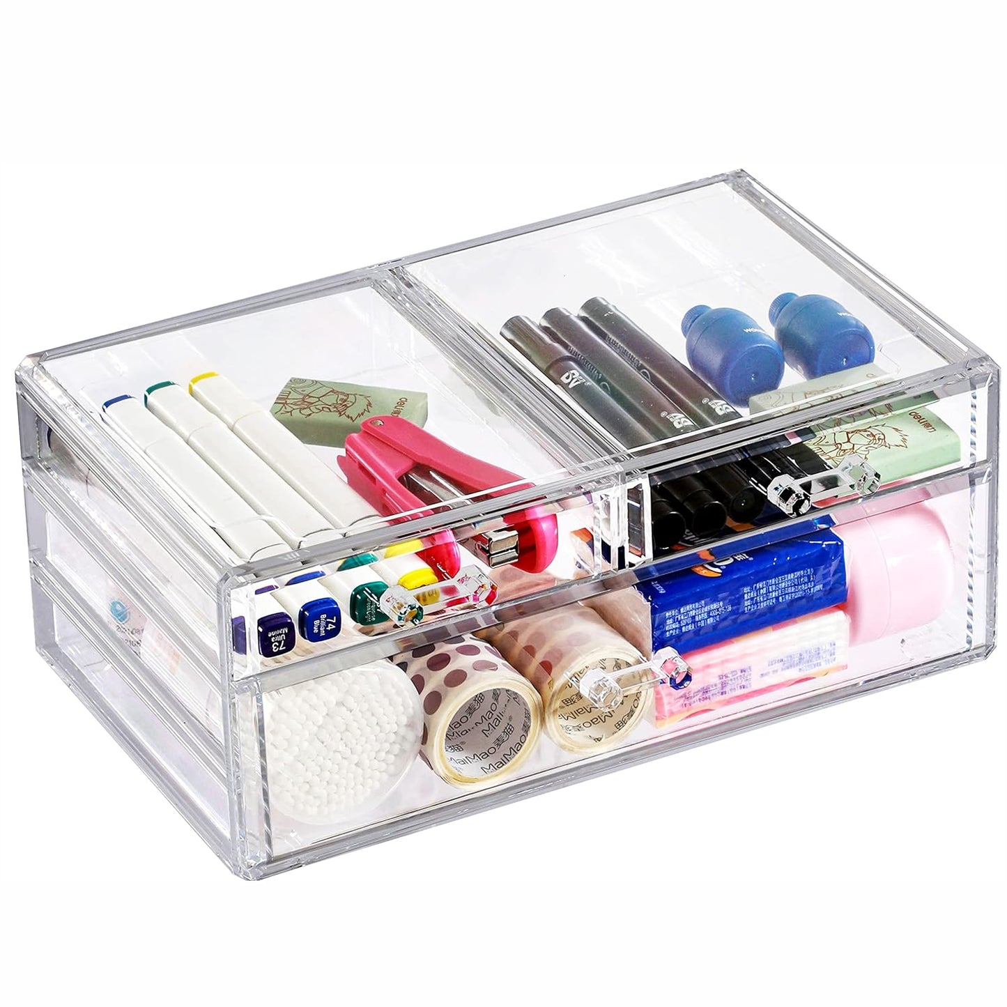 Cq acrylic Drawer Organizer with 3 Long Drawers,Stacking Office Supply Organizer and Desk Pen Storage and Stationary Organizer,Clear Makeup Storage Organizer for Palettes,Cosmetic, Beauty for Vanity