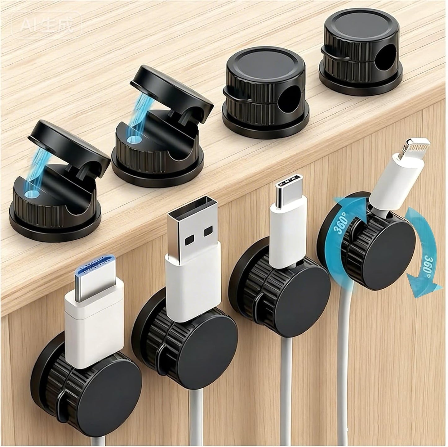 Magnetic Cable Organizer 8-Pack Glossy Black - Rotating Magnetic Clip Cord Keeper for Desk, Nightstand & Car - Adhesive Management System for USB & Power Wires