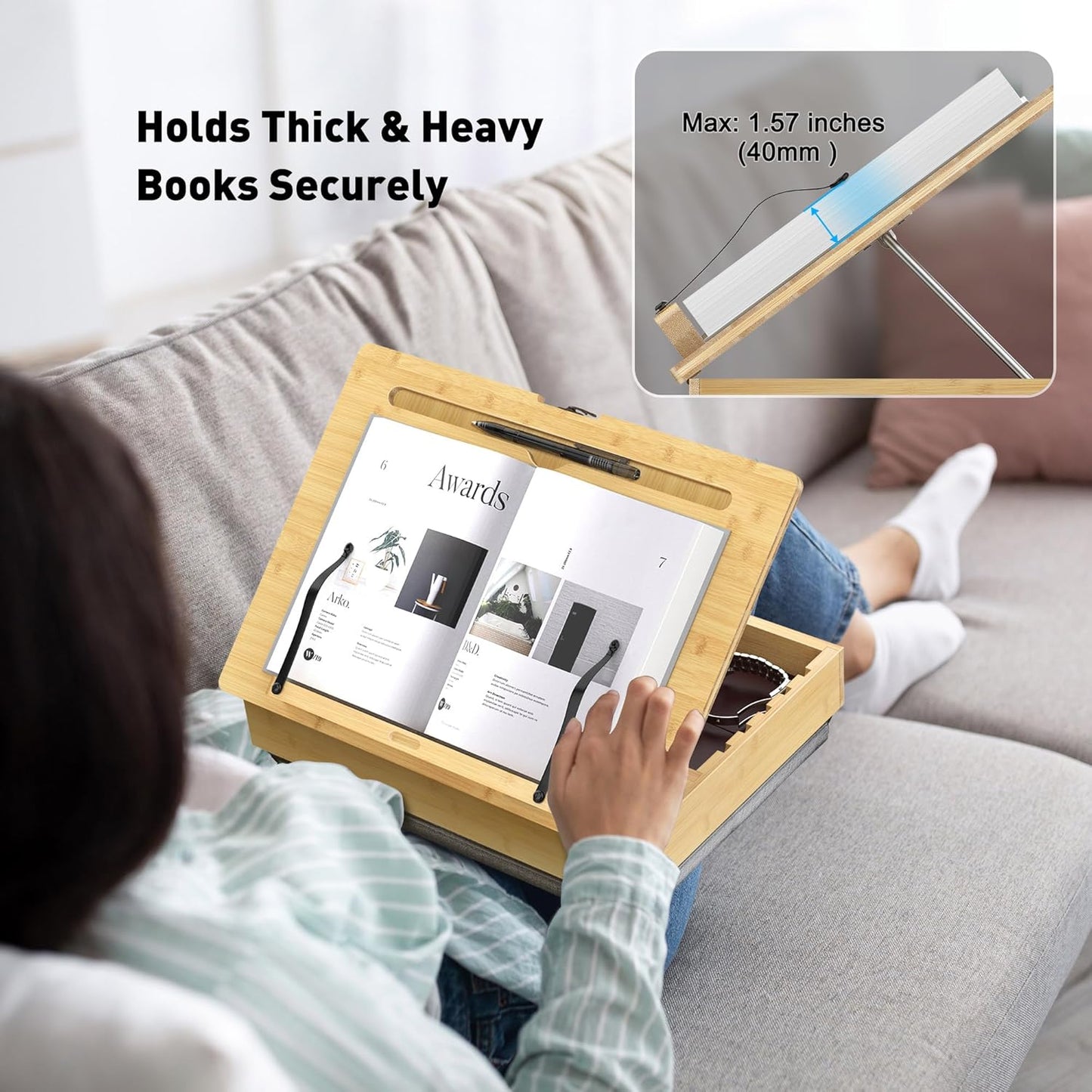 AboveTEK Book Stand for Reading with Storage, Adjustable Bamboo Book Holder with Soft Lap Cushion, Cookbook Stand, Hands-Free Book Reading Stand for Bed, Desktop & Kitchen Counter
