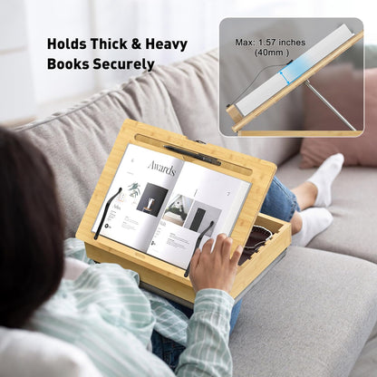 AboveTEK Book Stand for Reading with Storage, Adjustable Bamboo Book Holder with Soft Lap Cushion, Cookbook Stand, Hands-Free Book Reading Stand for Bed, Desktop & Kitchen Counter