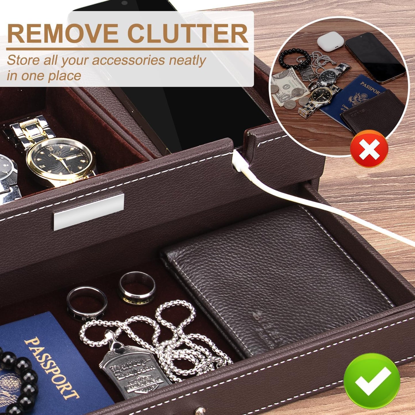 Baoyun Valet Tray for Men, 2 Layers Nightstand Organizers for Men and Women, Leather Jewelry Storage Box, Mens Dresser Top Organizer, Catch All for Jewelry Key Wallet and Phone (Brown)