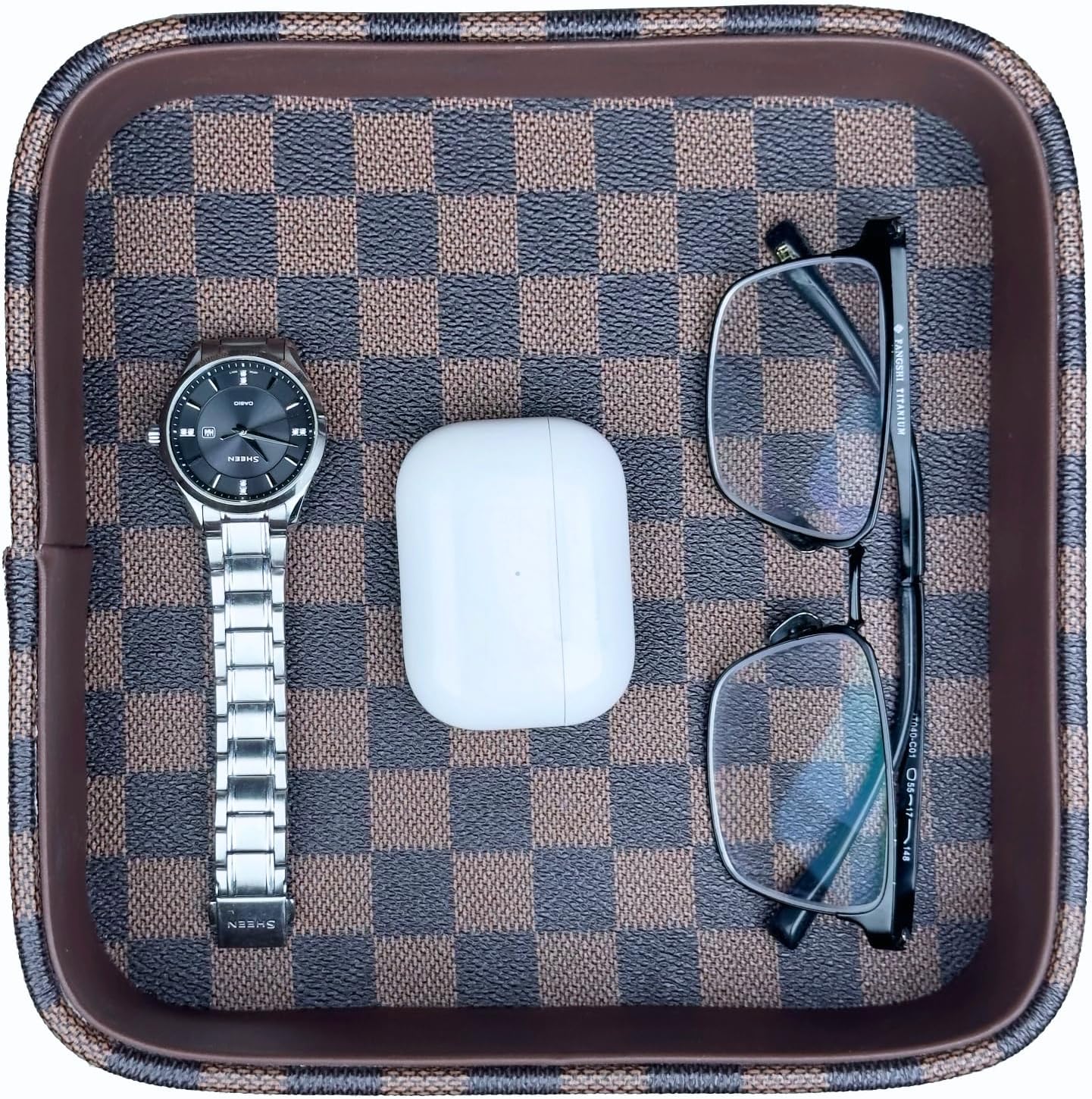 Leather Valet Tray for Men (Solid Wood Inside), Key Trays Bowl for Entryway Table, EDC Catch All Dish, Organizer Decorative Tray for Cologne Jewelry Perfume Watch Wallet- Brown Checkered PU