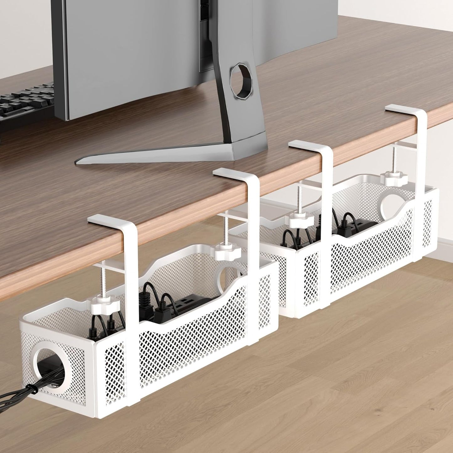 Under Desk Cable Management Tray White, Cinati Wire Organizers No Drill, Cable Tray with Clamp for Wire Management, Cord Organization Box for Office, Home - No Damage to Desk