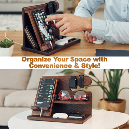 TESLYAR Wood Phone Docking Station for Men - Desktop or Nightstand Organizer - Birthday Gifts for Men, Dad - Anniversary Idea from Wife - Key Holder, Stand Wallet, Watch & Essentials (Granite Black)