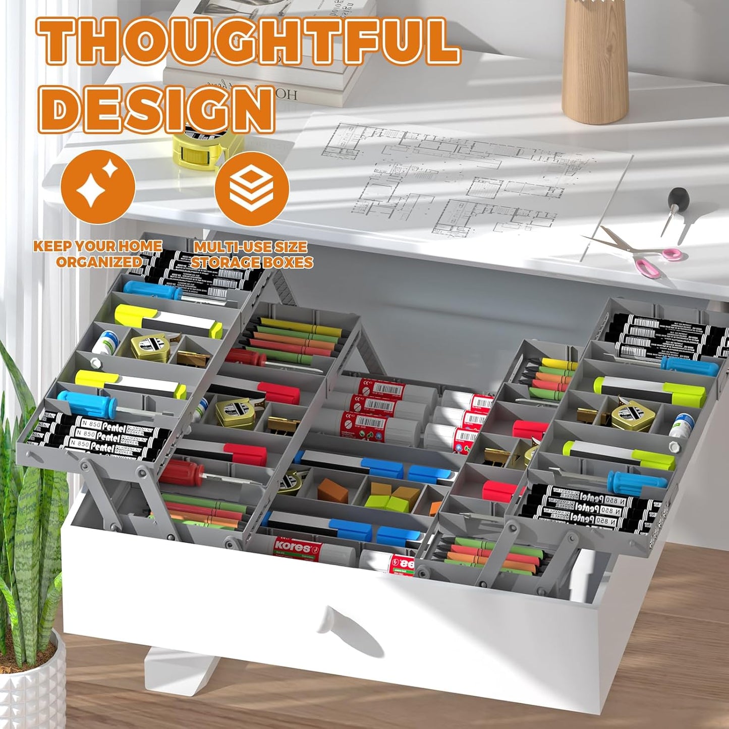 3 Tier Drawer Organizer - Expandable Junk Drawer Organizers Smart Office Supply Organizer, Folding Drawer Storage Multi-level Desk Organizer for Makeup,Jewelry,Cosmetics,Kitchen Storage (1 Row 3 Tier)