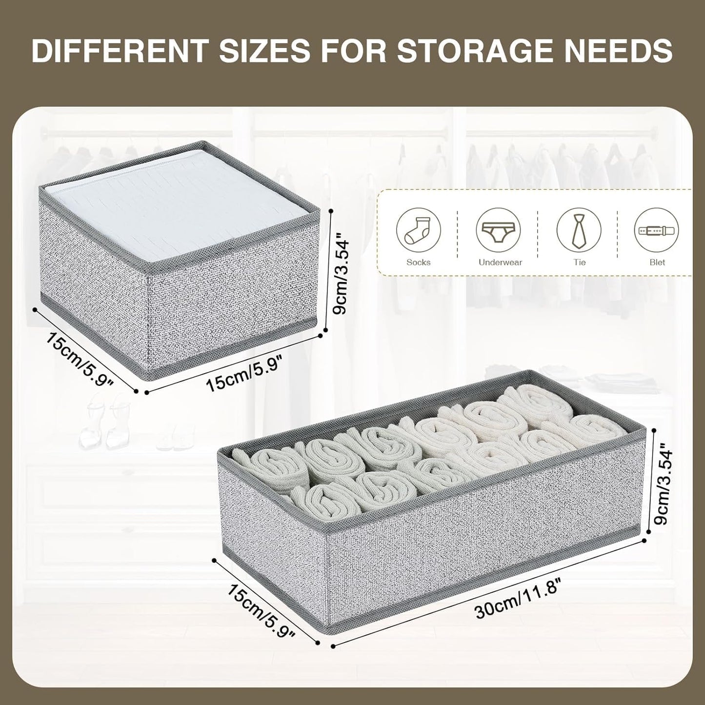DIMJ Drawer Organizers Clothes, Dresser Organizer Bins for Baby Clothes,Underwear and Sock, Fabric Closet Organization and Storage Boxs, Drawer Dividers for Nursery, Clothing, Tie - 4 Pack, Beige