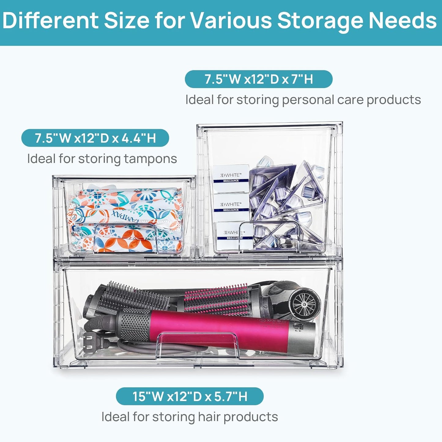 Vtopmart 3 Pack Stackable Storage Drawers, Easily Assemble Acrylic Bathroom Undersink Organizers,Clear Plastic Storage Bins for Closet,Cabinet,Pantry,Medicine Organization