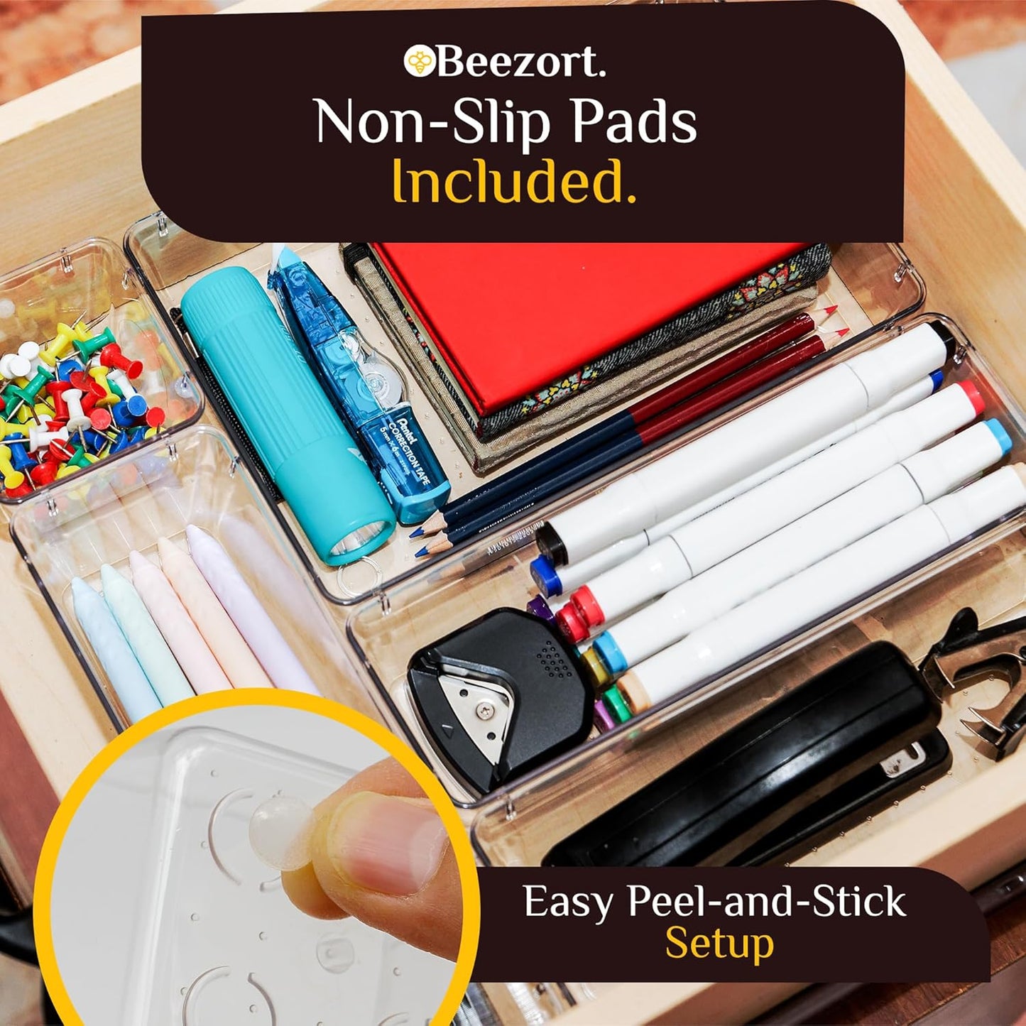 40 PCS Clear Drawer Organizer Set, BPA-Free PET Plastic Trays with Non-Slip Pads, Nesting Storage Organizers for Kitchen Drawer, Bathroom, Vanity Makeup, Office Desk