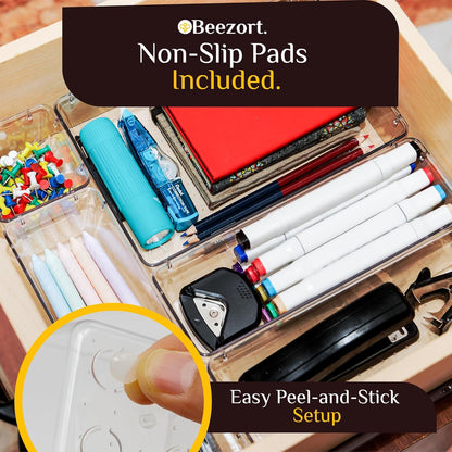 40 PCS Clear Drawer Organizer Set, BPA-Free PET Plastic Trays with Non-Slip Pads, Nesting Storage Organizers for Kitchen Drawer, Bathroom, Vanity Makeup, Office Desk