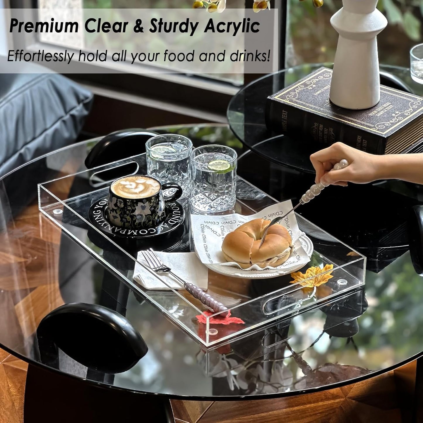 2 Pack Serving Tray with Handles, Clear Acrylic Tray for Serving Food, Large Outdoor Food Trays for Eating, Lucite Acrylic Trays for Appetizer, Pizza, Fruit and Drinks, Unbreakable, 16"×12"