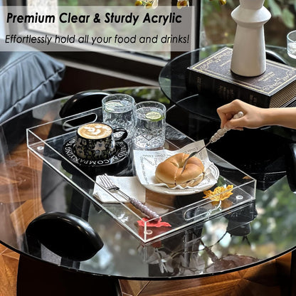 2 Pack Serving Tray with Handles, Clear Acrylic Tray for Serving Food, Large Outdoor Food Trays for Eating, Lucite Acrylic Trays for Appetizer, Pizza, Fruit and Drinks, Unbreakable, 16"×12"