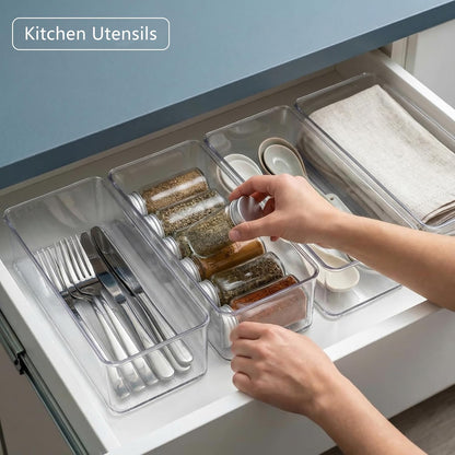 Qilinba 8 PACK Drawer Organizer Bins Bathroom Deep Drawer Organizer Tray for Cutlery Vanity Make-up, Clear Stackable Storage Bins for Kitchen Cabinet Closet Counter Organization and Storage