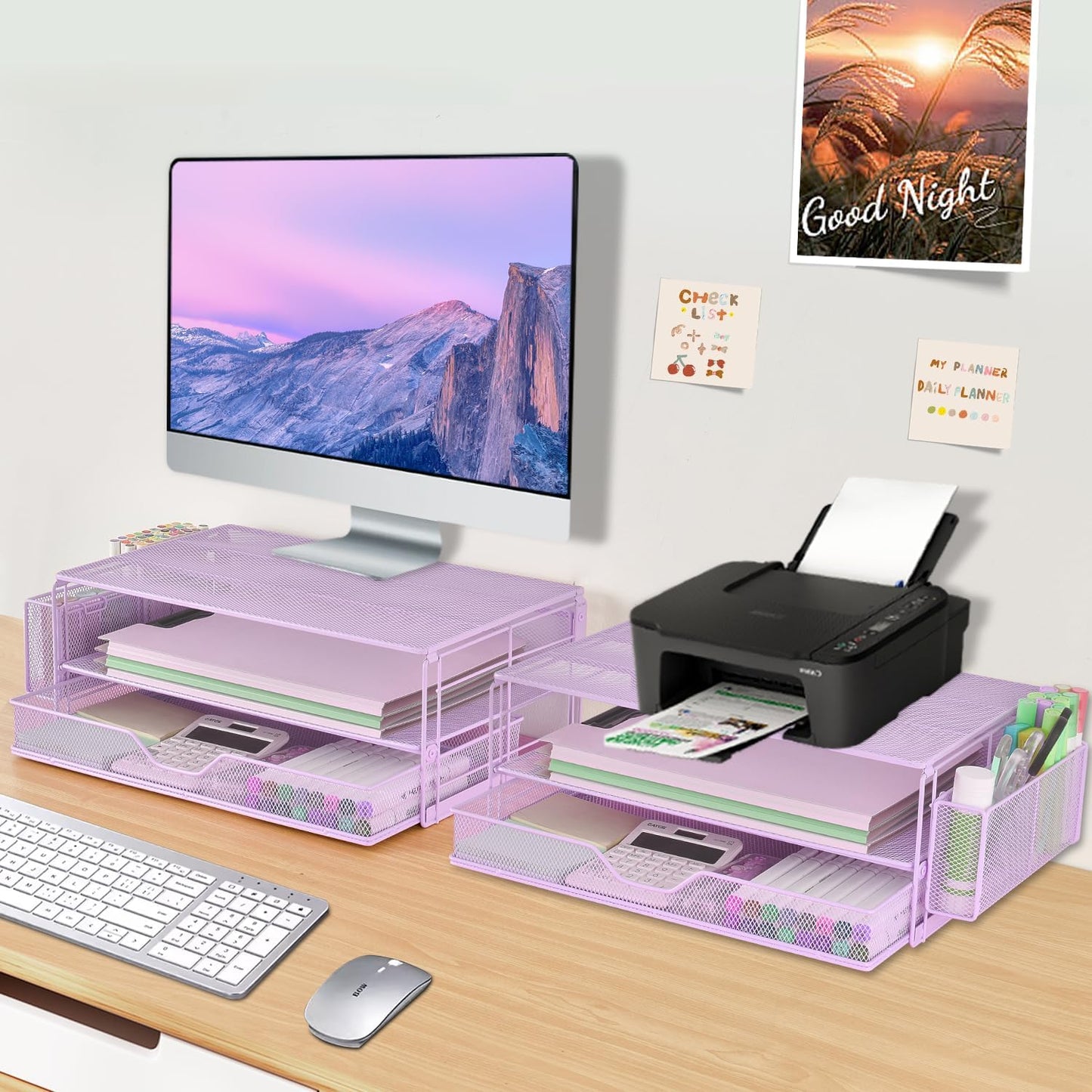 AUPSEN Wood Desk Organizers and Accessories, 2-Tier Computer Monitor Stand Riser with Drawer, Pen Storage & Phone Holder, Office Desk Accessories, Workspace Desktop Organization for Office Supplies（Brown）