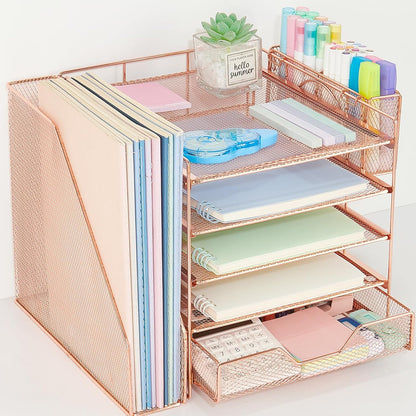 Desk Organizer, 5-Tier Paper Letter Tray Organizer with File Holder, Drawer and Pen Holder, Desktop Organizer for Office Supplies, Black
