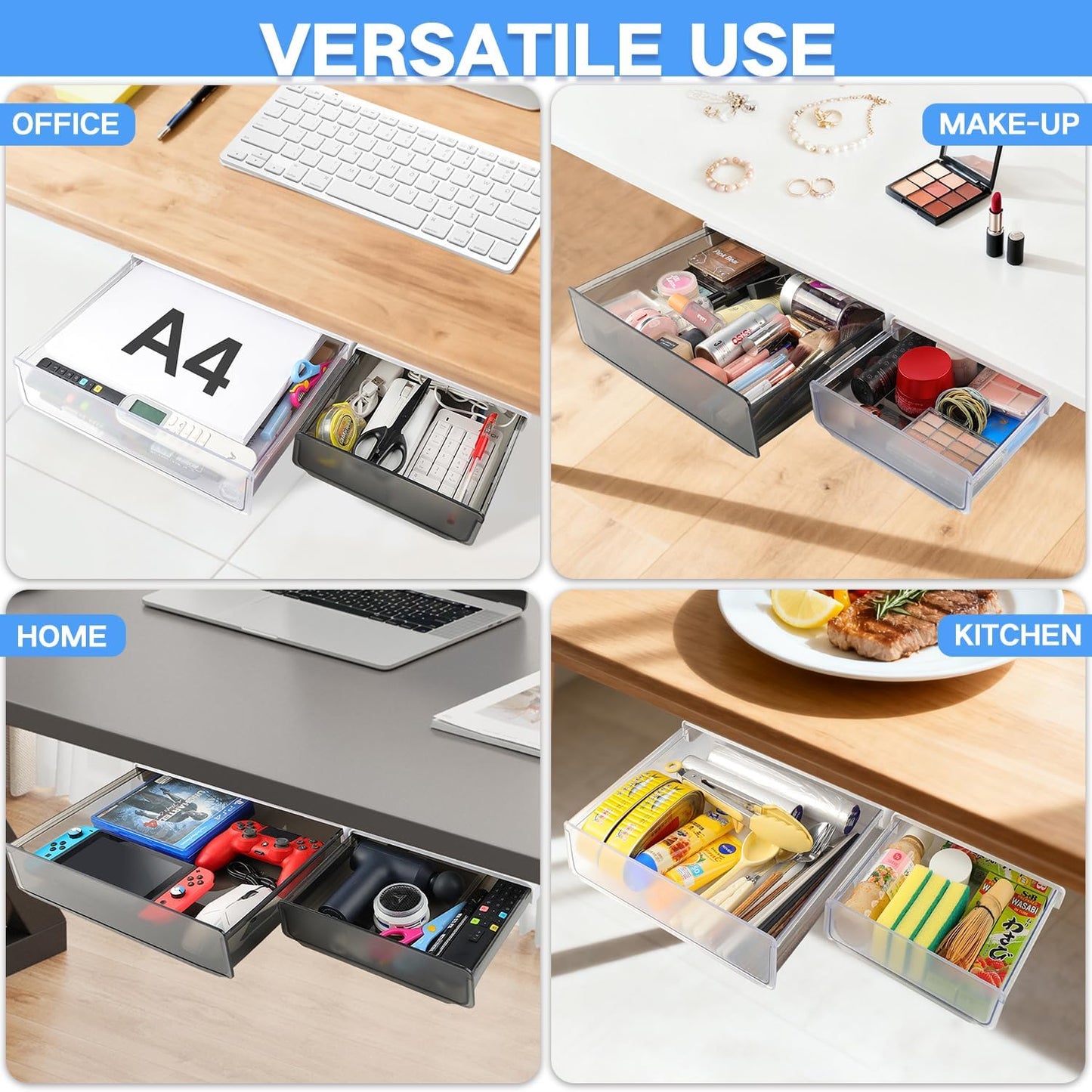 Self-adhesive Under Desk Drawer Organizer, 2 Pack Table Hidden Slide Out Large Storage Mounted Desktop Pencil Holder Tray Drawers for Office Home School Stationery Kitchen (Large, White)