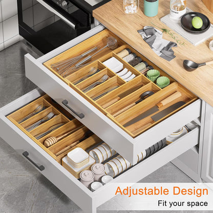 Youpehom Bamboo Utensil Organizer for Kitchen Drawers, Expandable Utensil Tray and Cutlery Silverware Holder,Wood Drawer Dividers with 7 Adjustable Slots