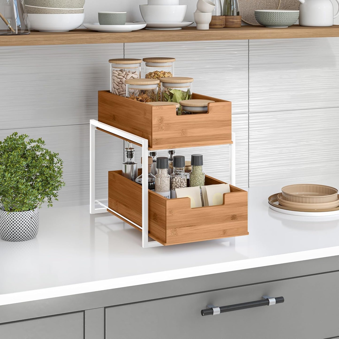 Seville Classics Bamboo Premium Organizer Storage Bins for Kitchen Silverware, Pantry, Closet, Office Desk, Pens, Utensils, Makeup, K Cup, Bamboo, Bag Holder Bin Set (4 Piece)