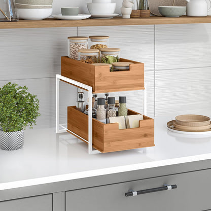 Seville Classics Bamboo Premium Organizer Storage Bins for Kitchen Silverware, Pantry, Closet, Office Desk, Pens, Utensils, Makeup, K Cup, Bamboo, Bag Holder Bin Set (4 Piece)