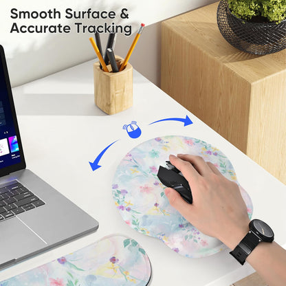 Ergonomic Keyboard Mouse Pad Wrist Rest Support Set for Laptop/Computer/Desktop,Memory Foam Hand Rest Wrist Cushion for Gaming/Office,Lightweight Comfortable & Pain Relief (Flowers)