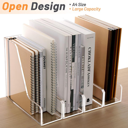 SANRUI Acrylic File Organizer, Clear Magazine File Holder Desk Organizer for Office Organization and Storage with 5 Vertical Compartments, Desktop Bookshelf for Home Office Organization