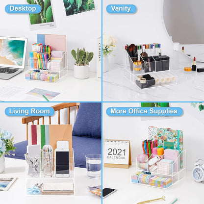 VITVITI Acrylic Desk Organizer, Upgraded Clear Pencil Organizer for Desk, 7 Compartments Stationary Pen Organizer Storage with Drawer, for Office Supply, 500+ Pencils Capacity