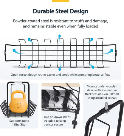 StarTech Under Desk Cable Management Tray, 24" Long, Metal Basket Style Cable Organizer, Screw-On Installation, Power Bar Holder, Metal, Black, TAA
