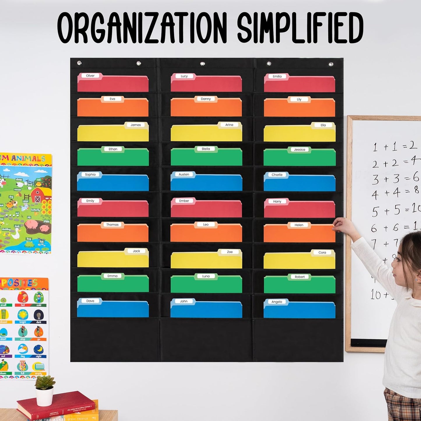 Essex Wares - 7 Pocket File Pocket Chart, Black, Tall - Versatile Wall Hanging File Folder Organizer for Classroom, Office, Home, and More - Wall Folder Organizer - 7 Pockets