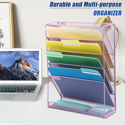 EASEPRES Desk File Organizer Mesh 6-Tier, Hanging Wall Mount Document Organization Stand, Desktop Vertical Mail Paper Folder Holder Rack with Bottom Tray for Office Home Cubicle Countertop, Black