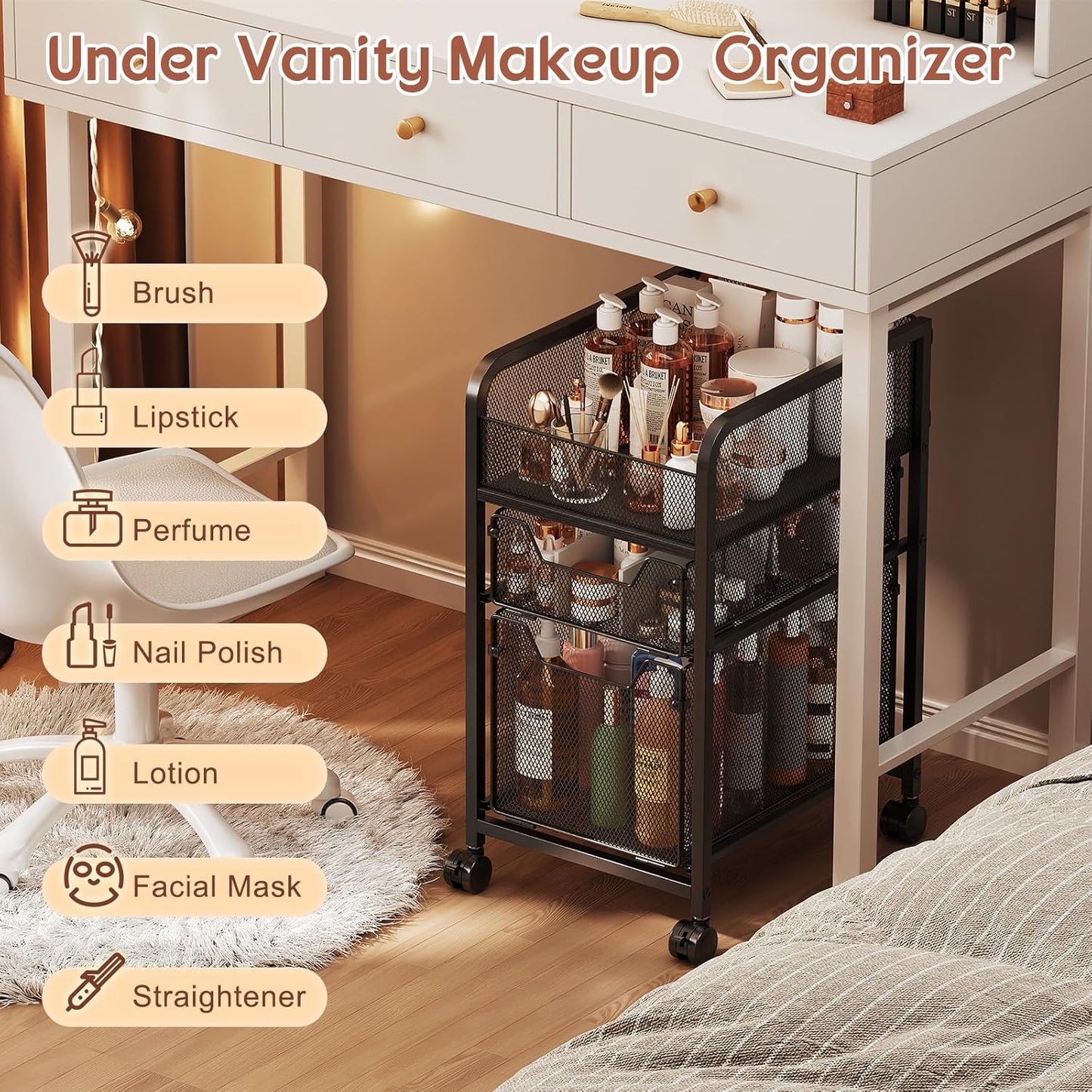 Hongtamoya Rolling Makeup Cart Organizer with 2 Drawers, Narrow Floor Skincare Organizers, Vanity Organizer Cosmetics Display Cases Holder for Skin Care Nail Polish Perfume Makeup Brush, White