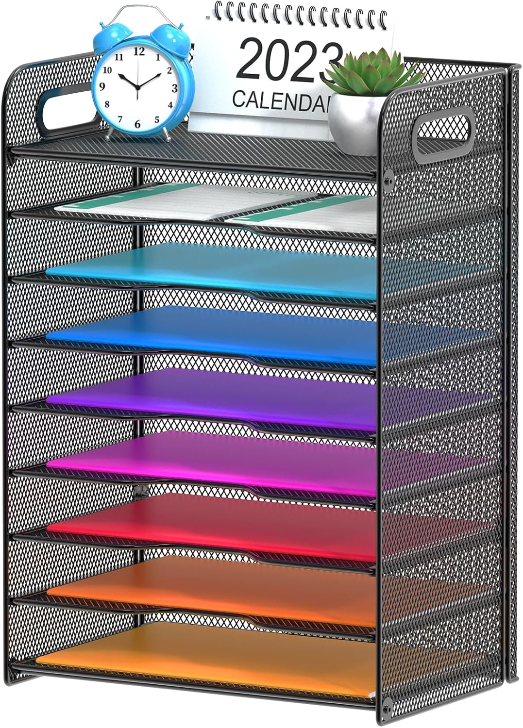 Samstar 3 Tier Letter Tray Paper Organizer with Handle, Mesh Desk Organizer Paper Sorter File Rack Shelves, Black