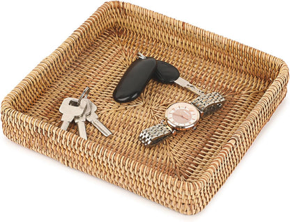 Hipiwe Key Basket Tray for Entryway Table Rattan Serving Tray Handwoven Wicker Baskets Vanity Trays Square Decorative Fruit Trays for Kitchen Counter Bedside Living Room Bathroom, 8.1"