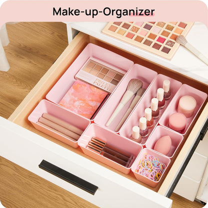 Vtopmart 25 PCS Clear Plastic Drawer Organizers Set, 4-Size Versatile Bathroom and Vanity Drawer Organizer Trays, Storage Bins for Makeup, Bedroom, Kitchen Gadgets Utensils and Office