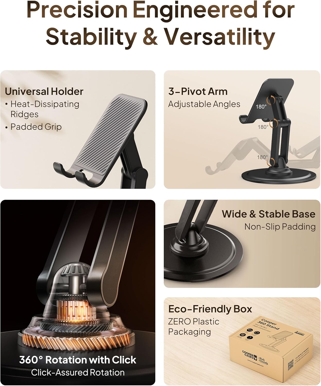 COOPER 360° Stand, Rotating Cell Phone Stand for Desk | Sturdy Metal Base, Foldable, Portable | Cell Phone Holder for Desk (Piano Black)