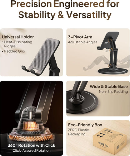COOPER 360° Stand, Rotating Cell Phone Stand for Desk | Sturdy Metal Base, Foldable, Portable | Cell Phone Holder for Desk (Piano Black)