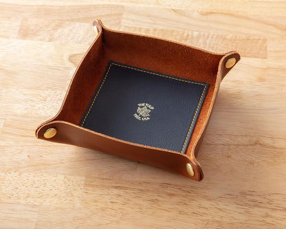USA Handmade Premium Leather Valet Tray, Folds Flat! Dice Rolling Basket and Organizer with Brass Snaps - Reinforced Base - for Keys, Jewelry, Coin, EDC, Watch Storage Caddy - Black XLarge
