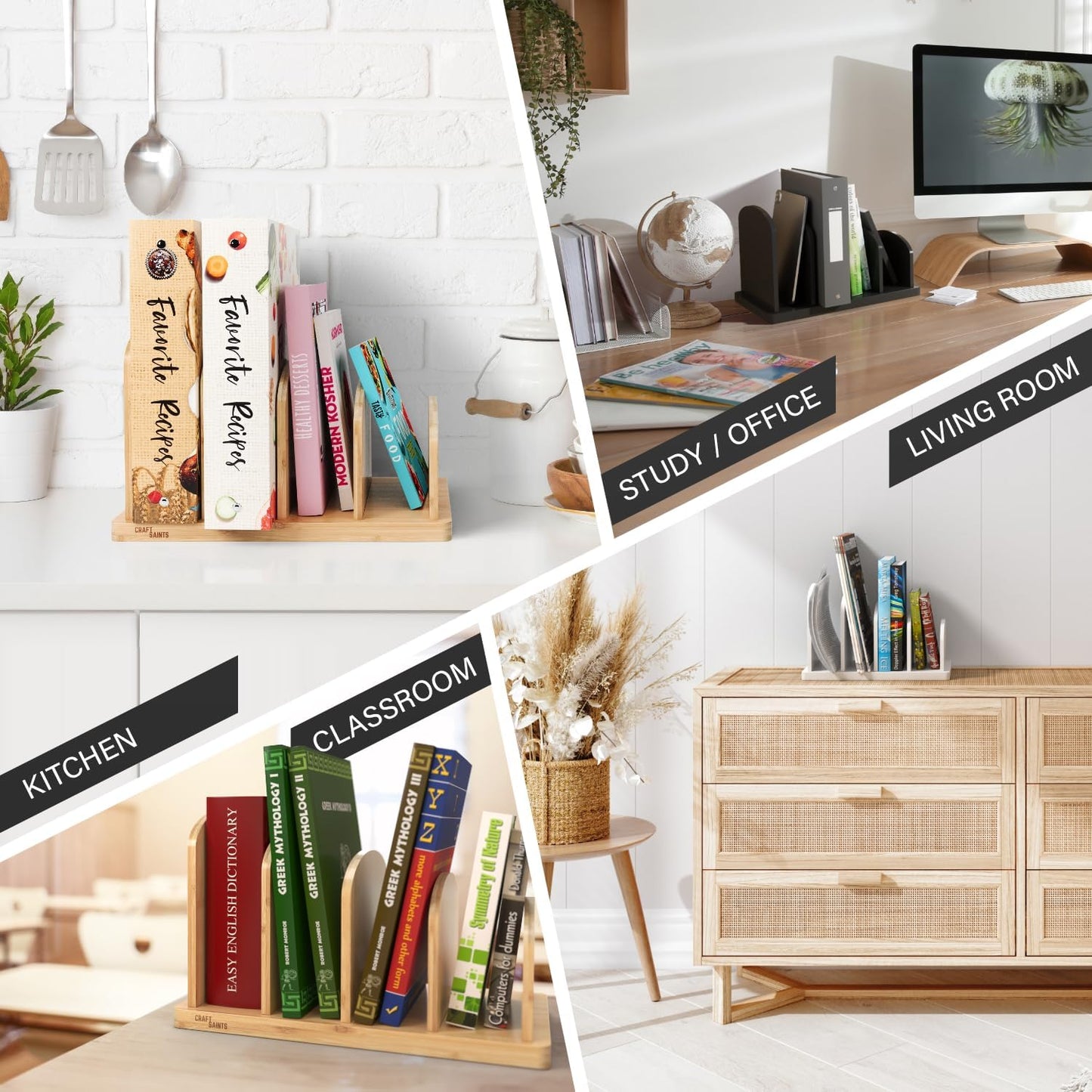 Cook Book Organizer, 4 Sections, Recipe Book Holder Rack, Tabletop Stand for Convenient Cookbook Storage, Vertical Cook Book Stand Kitchen, Binder Holder for Desk & Countertop (Bamboo)