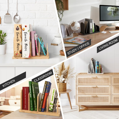 Cook Book Organizer, 4 Sections, Recipe Book Holder Rack, Tabletop Stand for Convenient Cookbook Storage, Vertical Cook Book Stand Kitchen, Binder Holder for Desk & Countertop (Bamboo)