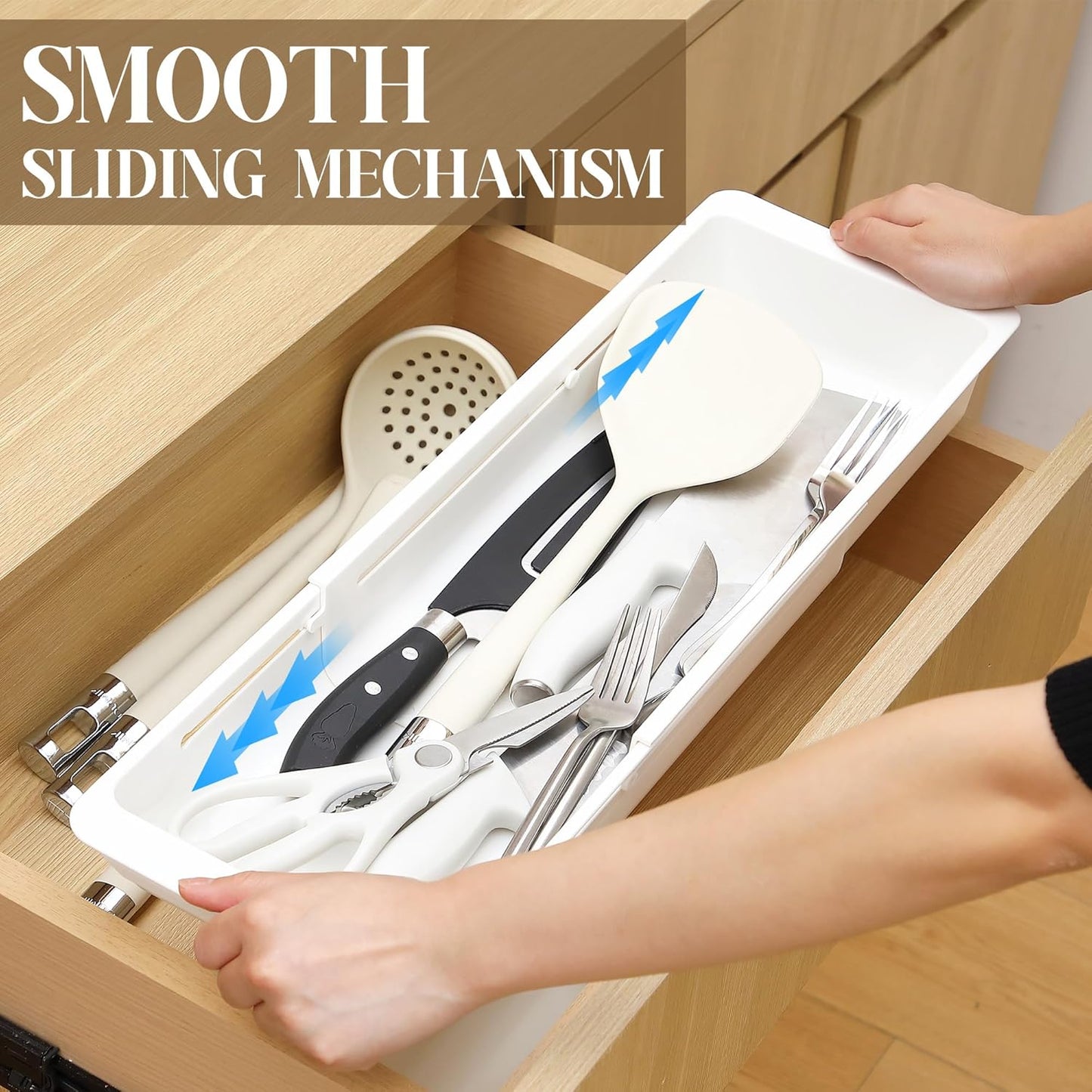1 Pack Deep Drawer Organizer Bins, Sliding Drawer Organizer Bin Expandable and Adjustable Tray for Kitchen Utensils, Towels, BBQ Tools, Durable Plastic Sliding for Easy Storage (12.4-17.7")