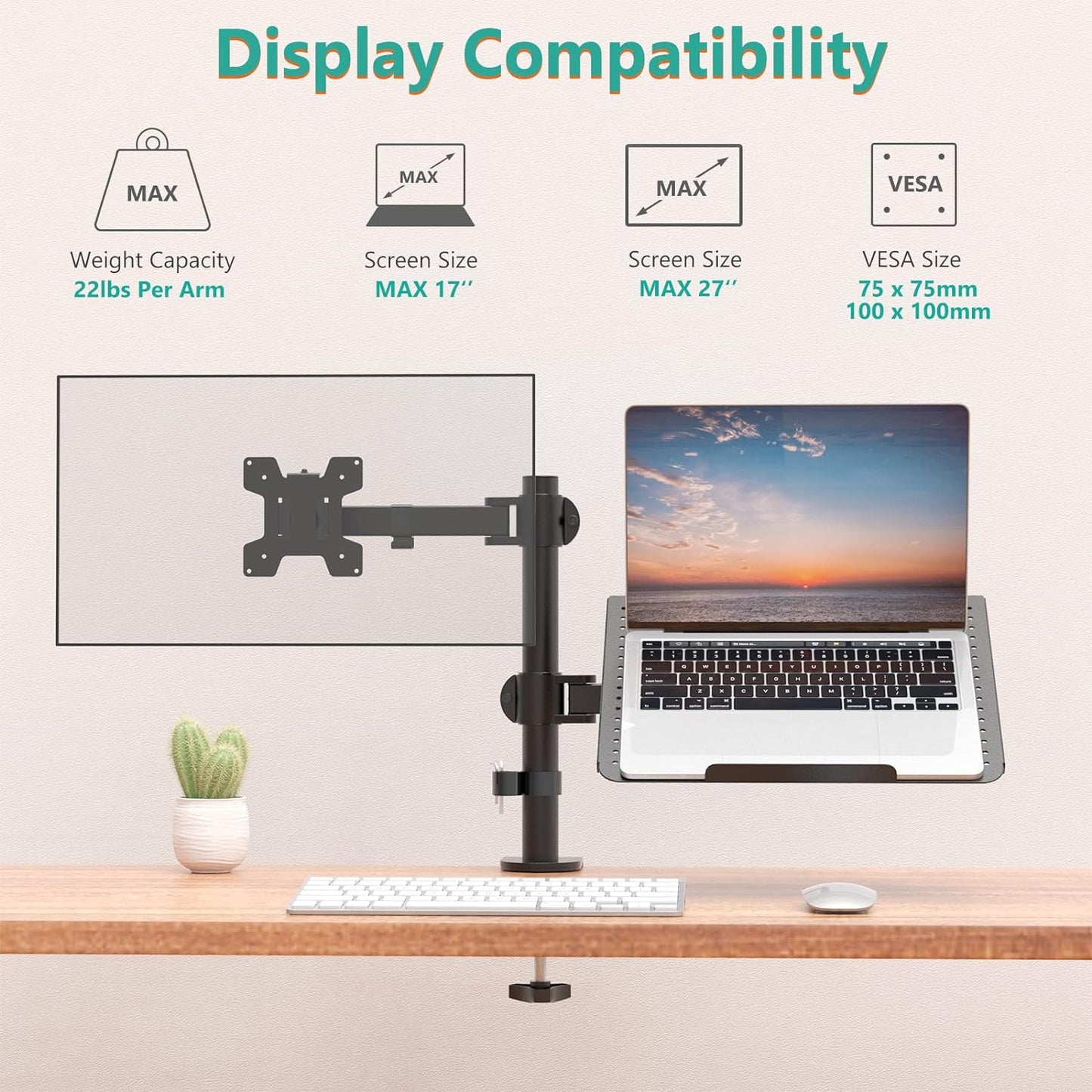 WALI Single Arm Laptop and Monitor Desk Mount for 17" Notebook and Up to 32" Screen, 2-in-1 Adjustable Monitor Arm with Laptop Tray, VESA 75x75 100x100,Holds 22-26.4 lbs, Black (GSMP001NLP)