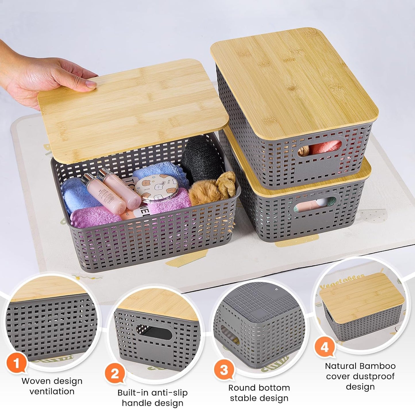 Ohmlove Plastic Storage Baskets With Bamboo Lid - Plastic Storage Containers Stackable Storage bins: Storage Baskets for Organizing Shelves Drawers Desktop Closet Playroom Classroom Office, 6 Pack
