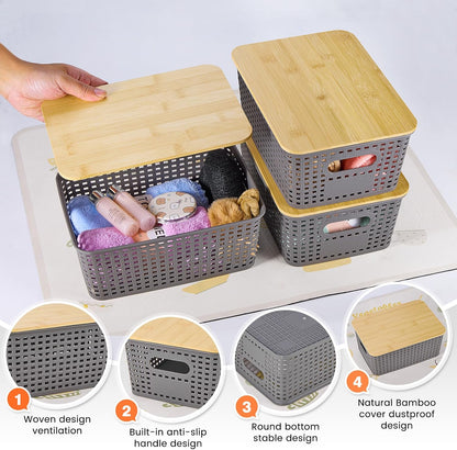 Ohmlove Plastic Storage Baskets With Bamboo Lid - Plastic Storage Containers Stackable Storage bins: Storage Baskets for Organizing Shelves Drawers Desktop Closet Playroom Classroom Office, 6 Pack